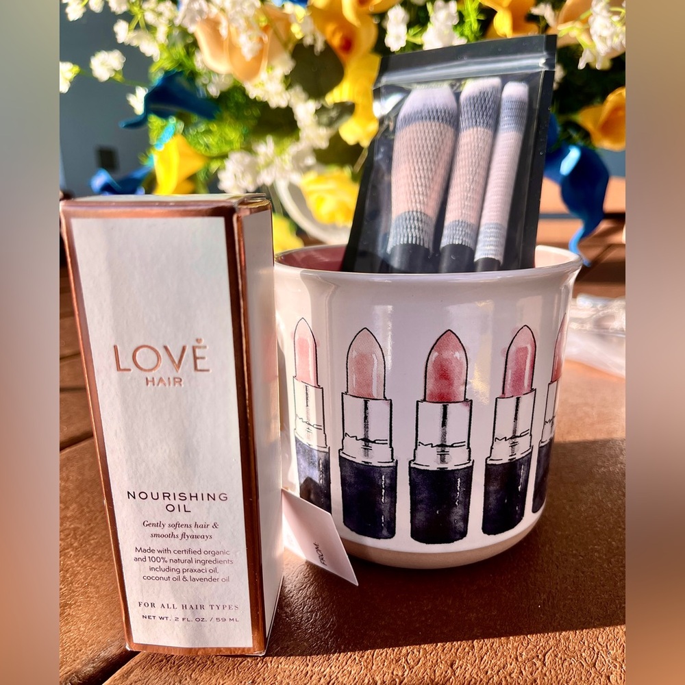 3Pc NEW Love Hair Nourishing Oil, BYOD Makeup Brushes, Lipstick Coffee Mug